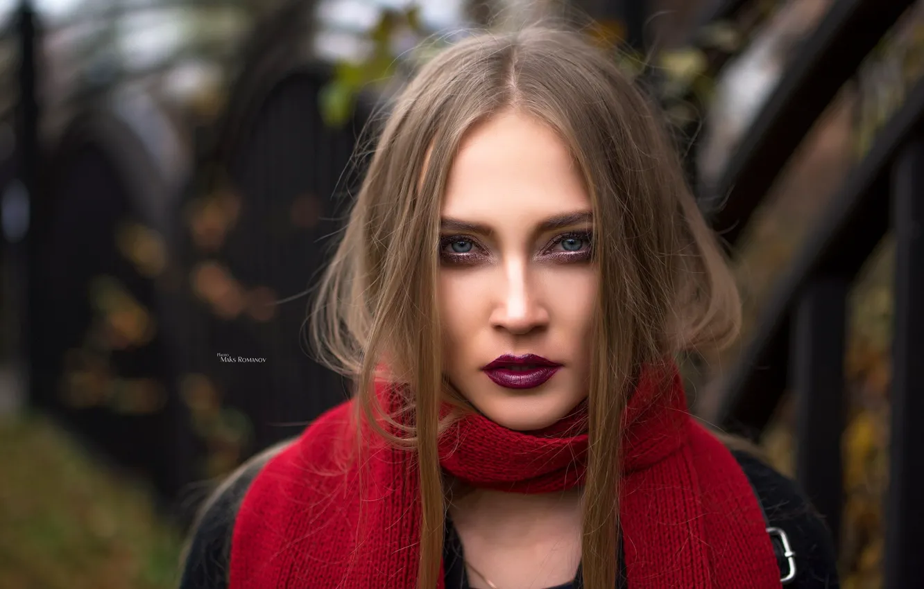 Photo wallpaper look, red, background, model, portrait, makeup, scarf, hairstyle