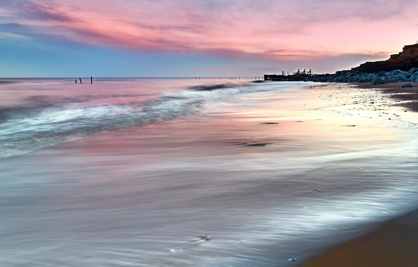 Photo wallpaper sand, sea, wave, beach, clouds, stones, rocks, dawn