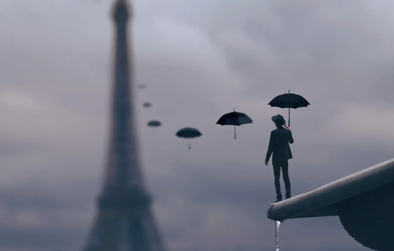 Photo wallpaper roof, drops, rain, Paris, umbrella, male