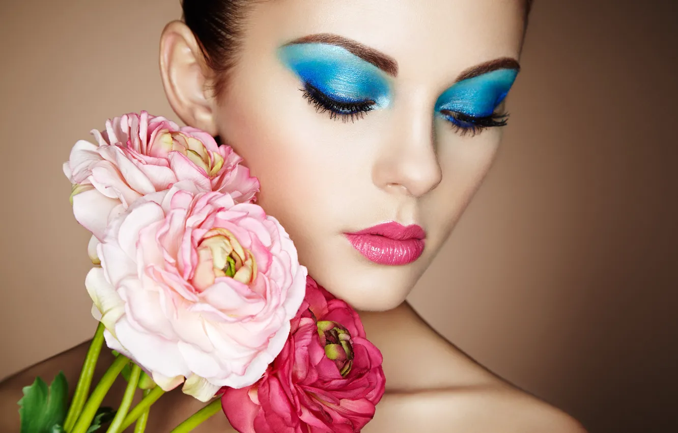 Photo wallpaper girl, flowers, face, makeup, Oleg Gekman