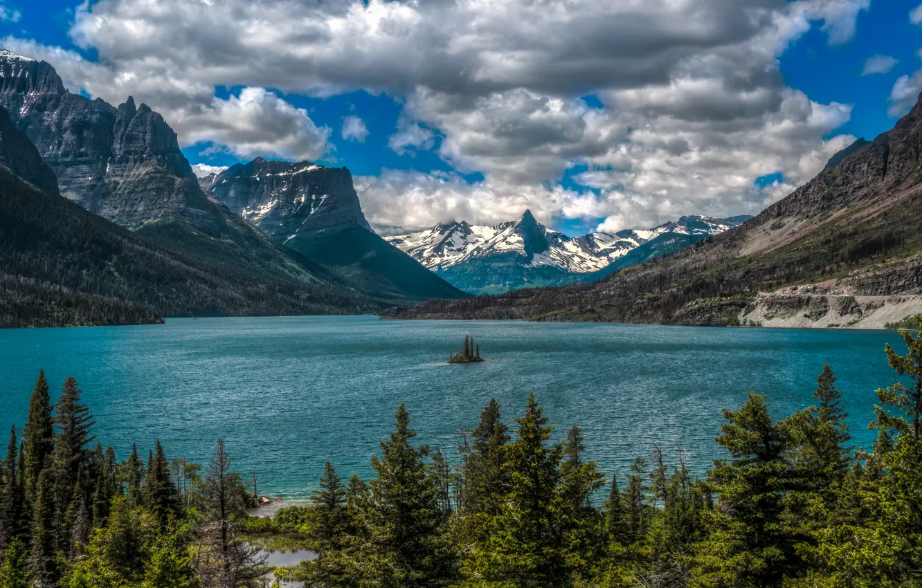 Photo wallpaper clouds, mountains, lake, Montana, island, Glacier National Park, Saint Mary Lake, Rocky mountains