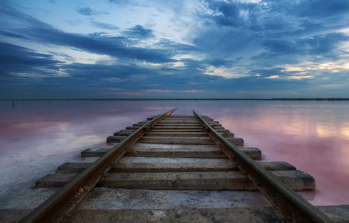 Photo wallpaper underwater, sunset, water, rails, End of the road