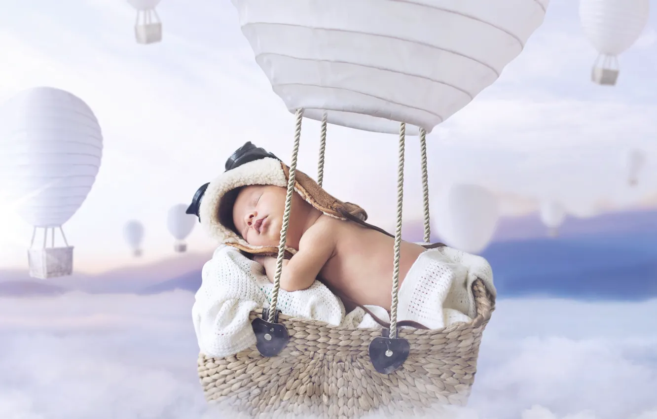 Photo wallpaper clouds, balloon, sleep, boy, sleeping, basket