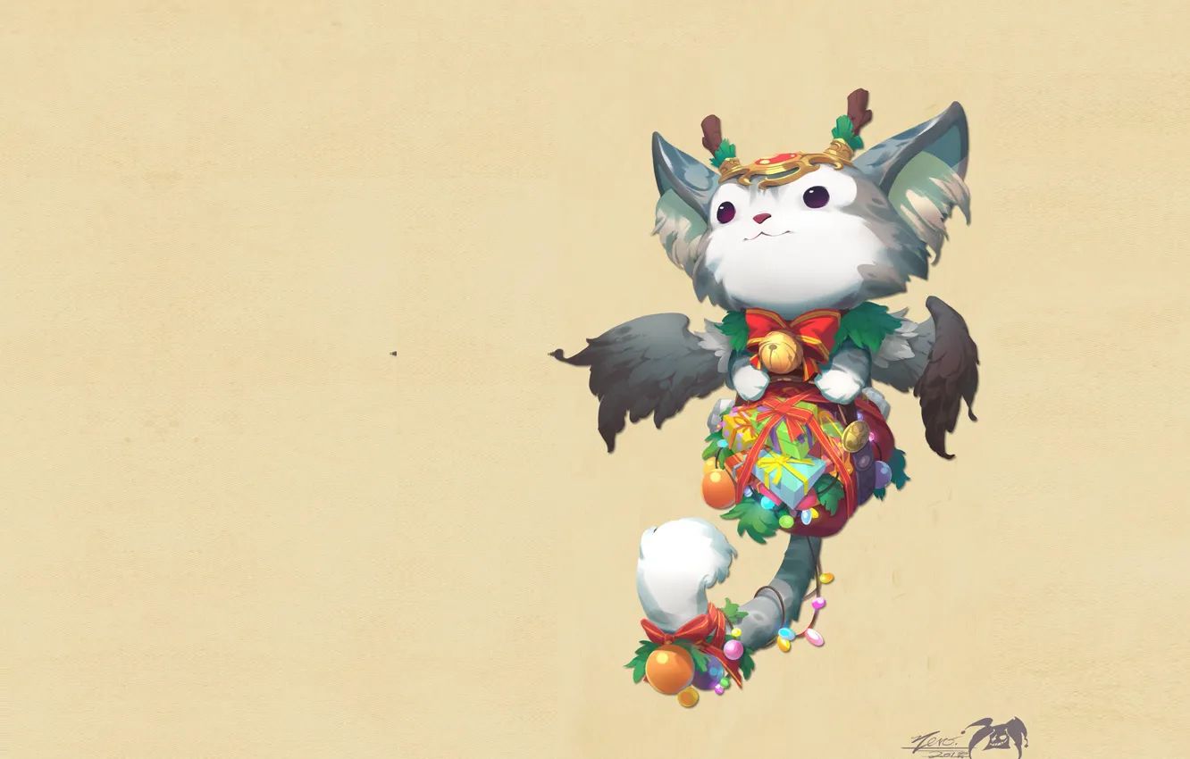 Photo wallpaper gift, new year, cat, wings, fantasy, art, garland, neko