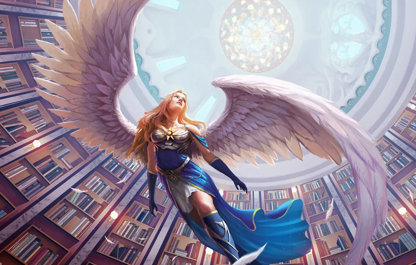 Photo wallpaper girl, books, wings, angel, feathers, art, library, arch