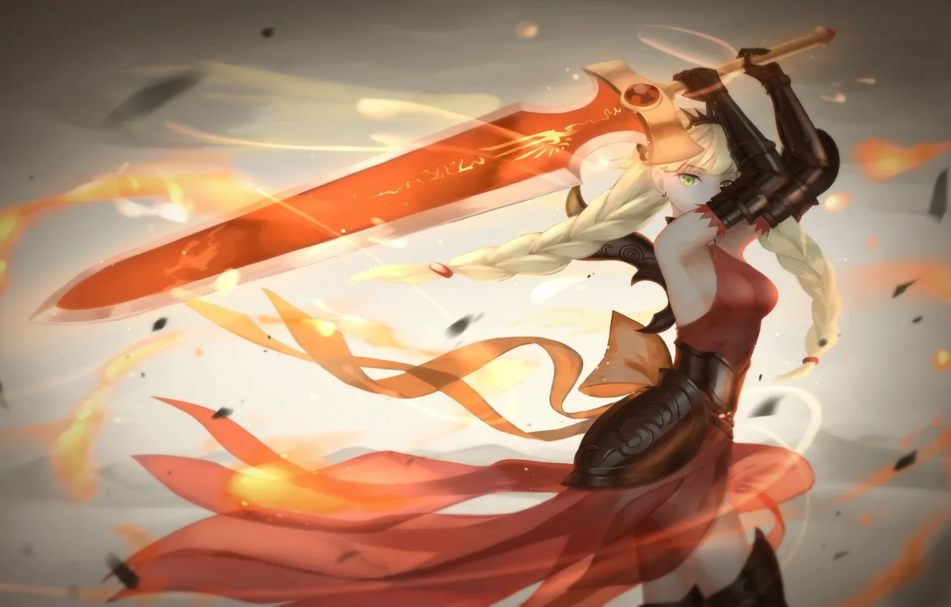 Photo wallpaper girl, weapons, fire, magic, sword, anime, art, valkyrie