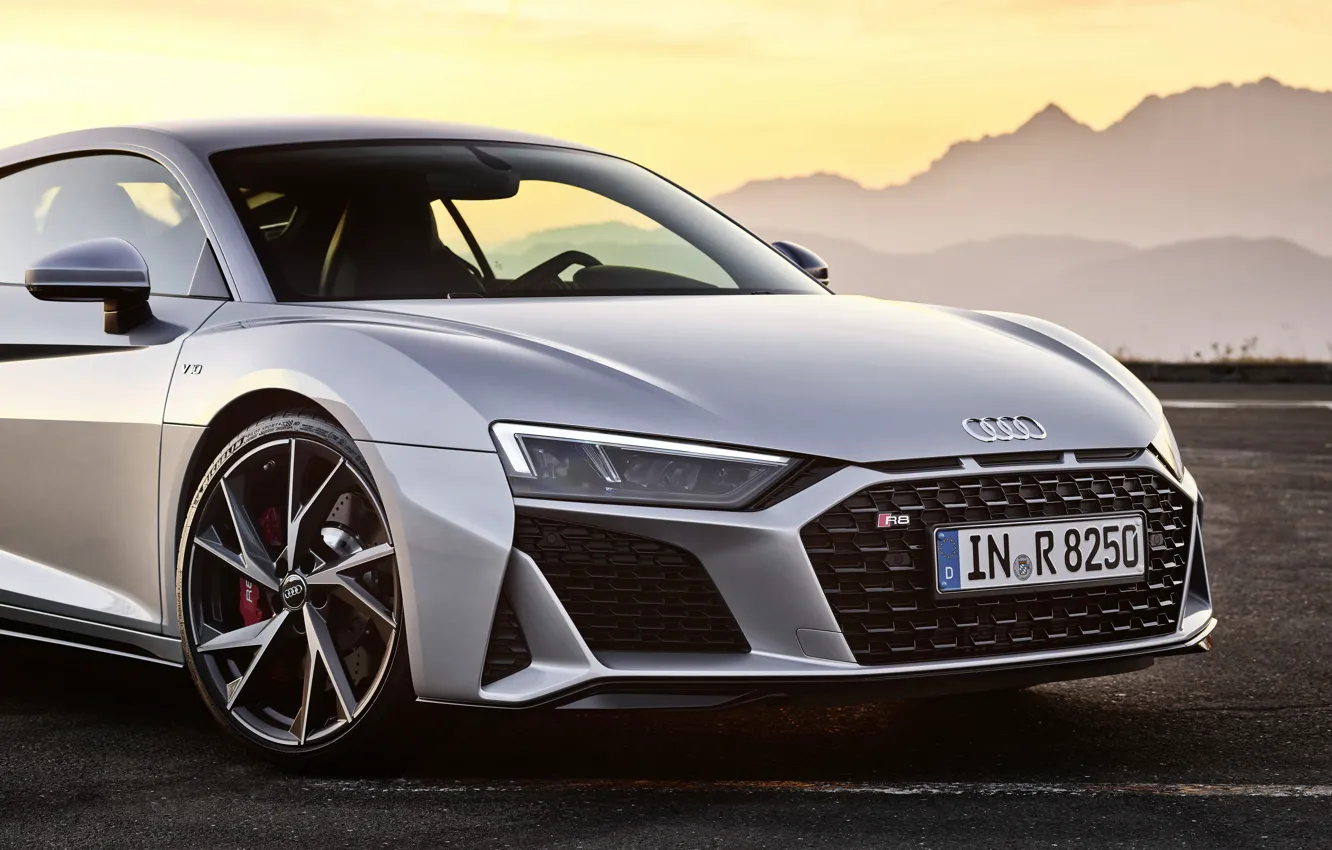 Photo wallpaper sunset, mountains, Audi, the evening, Parking, supercar, Audi R8, front view