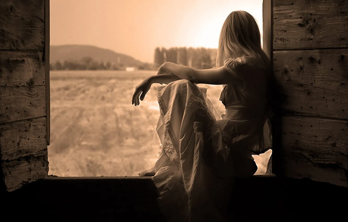 Photo wallpaper field, girl, dress, window