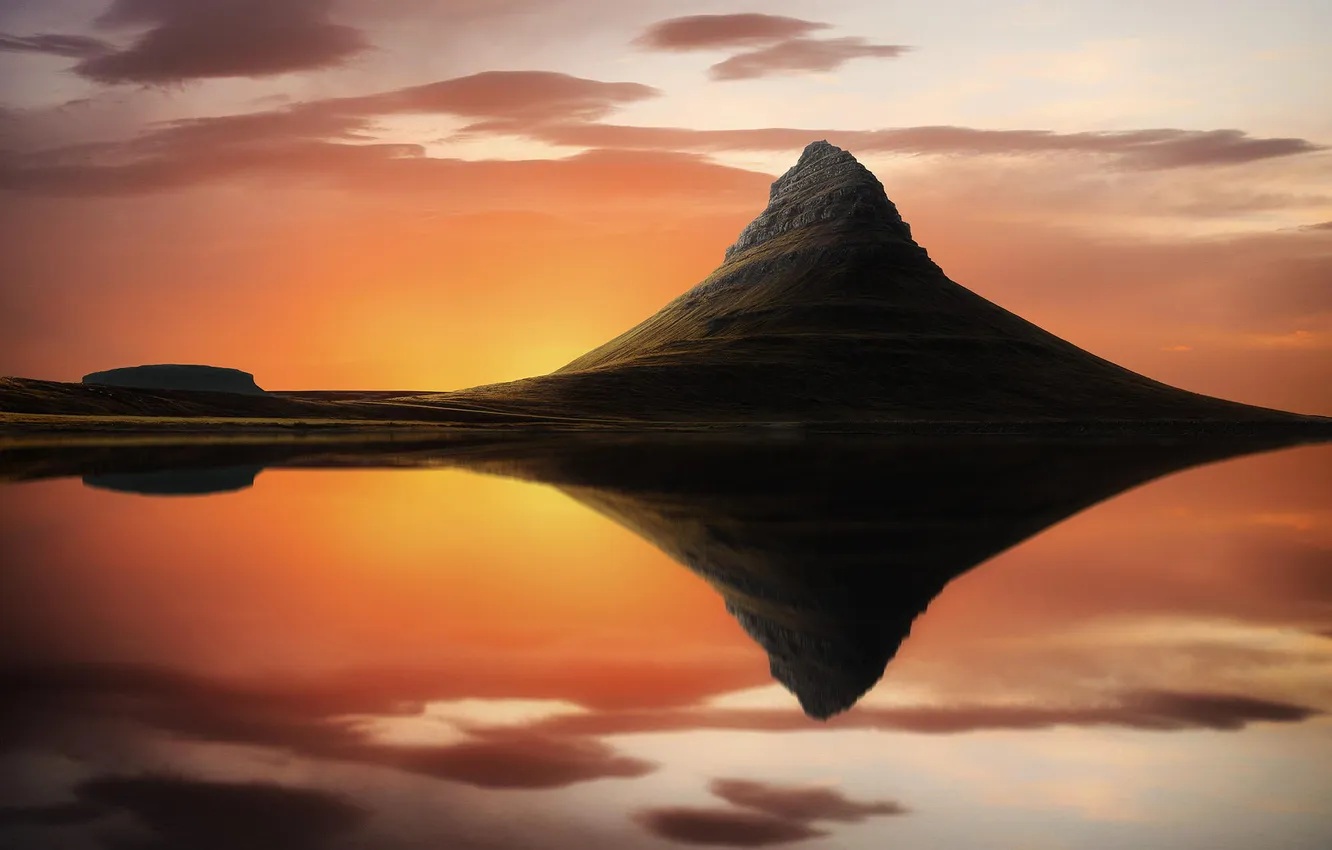 Photo wallpaper nature, lake, reflection, mountain, rasvet