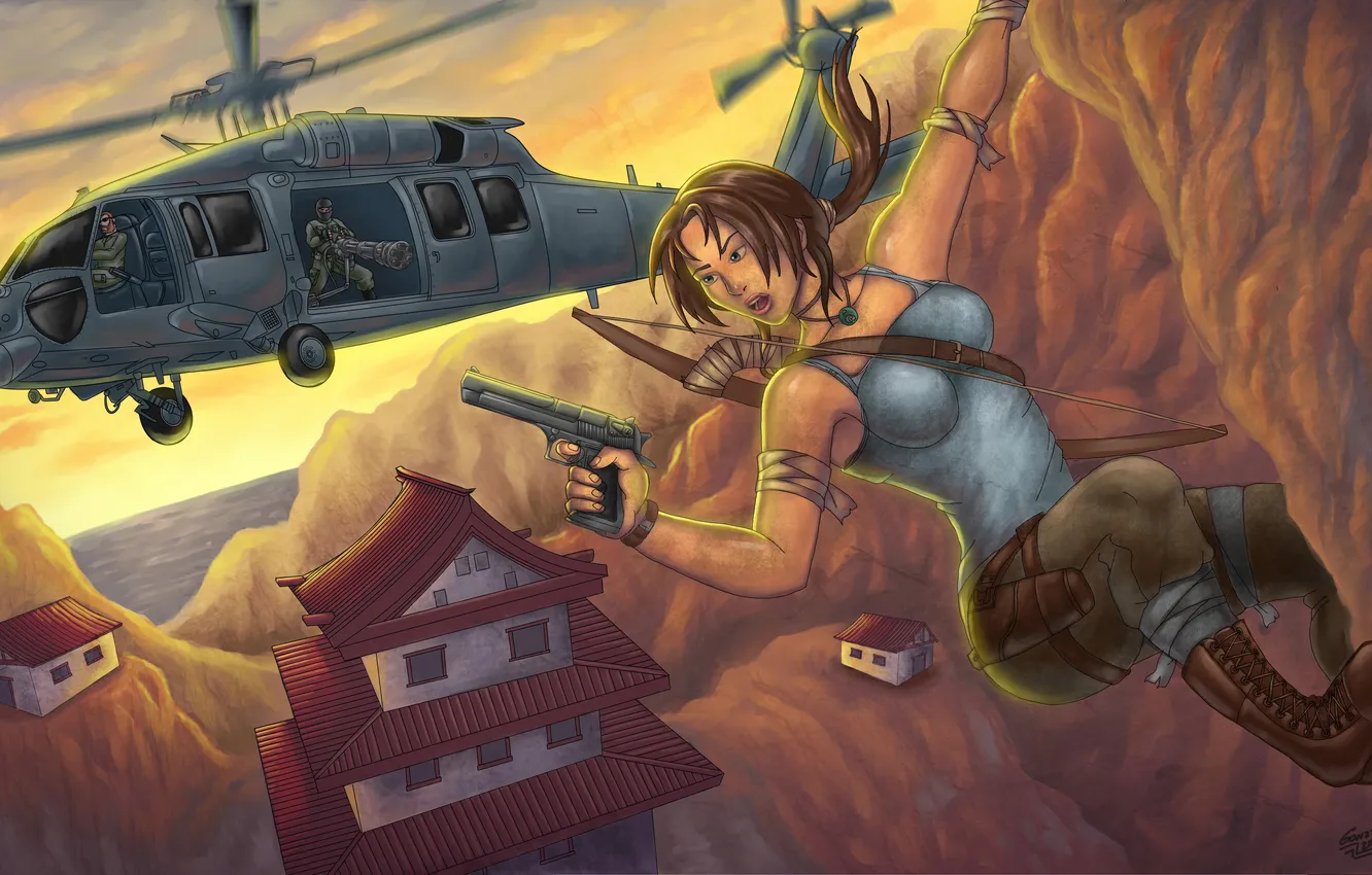 Photo wallpaper girl, gun, rocks, art, Tomb Raider, helicopter, Lara Croft