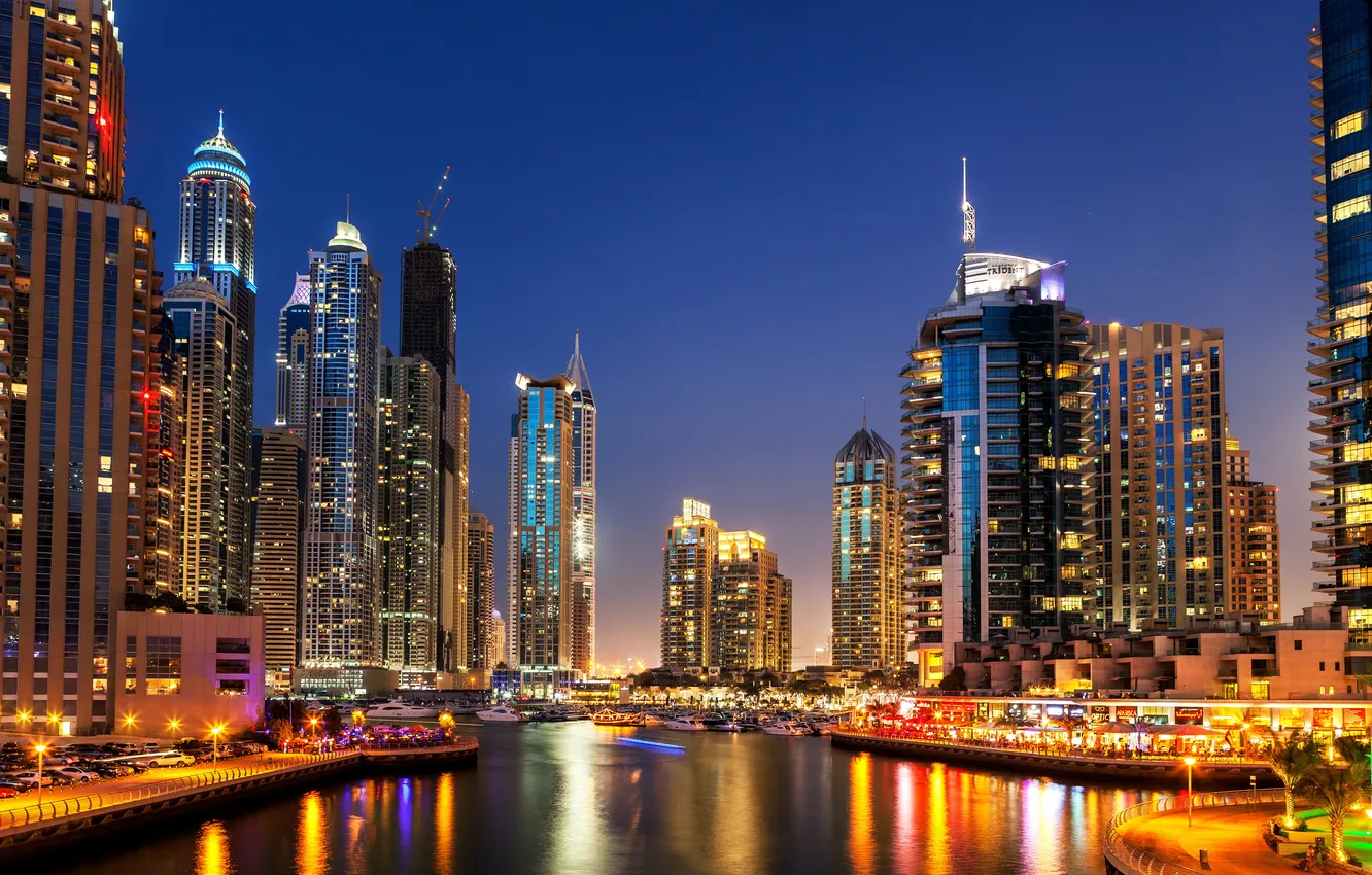 Photo wallpaper night, lights, river, skyscrapers, boats, boats, Dubai, promenade