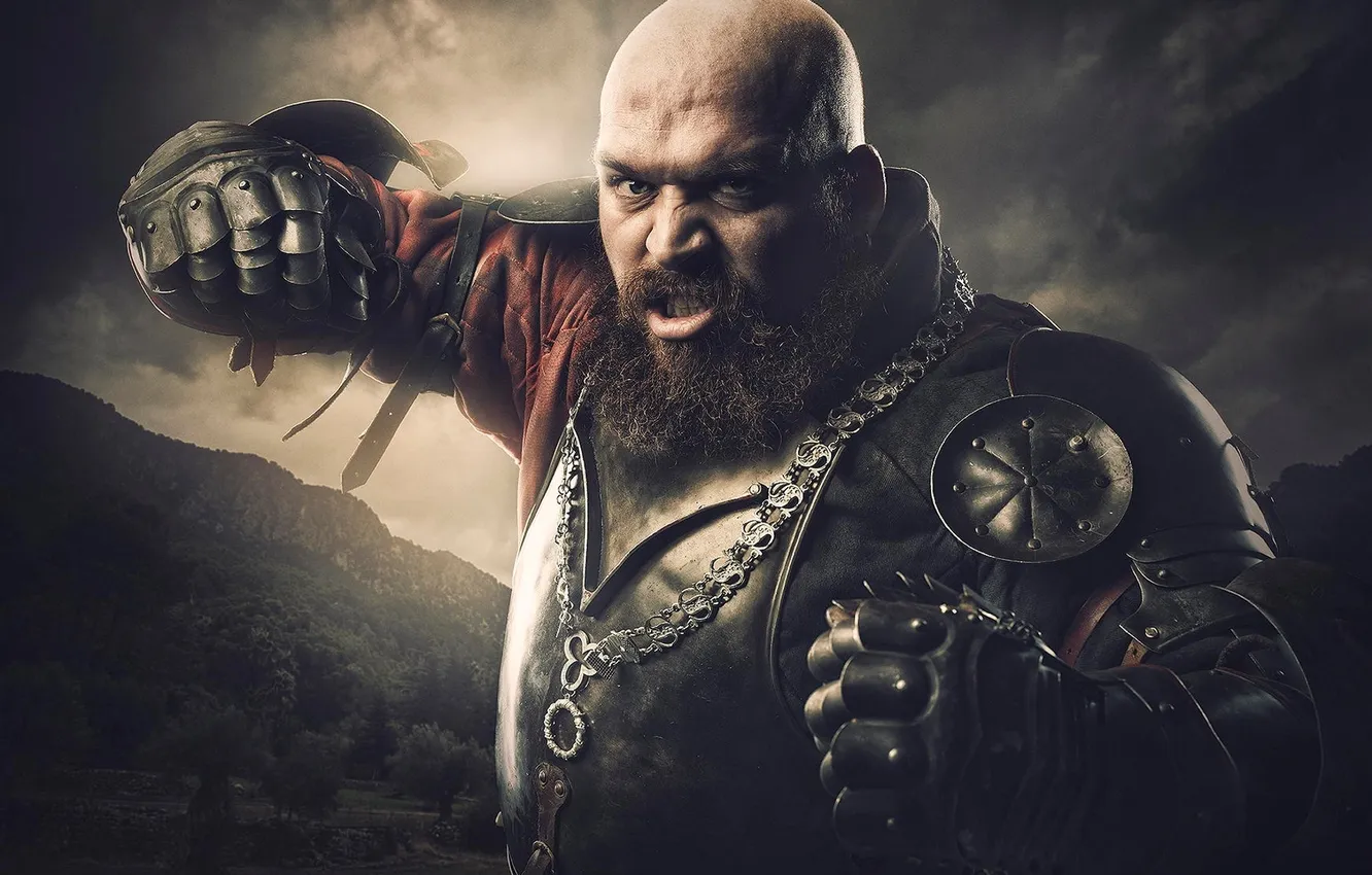 Photo wallpaper armor, grin, beard, knight, fist, swing