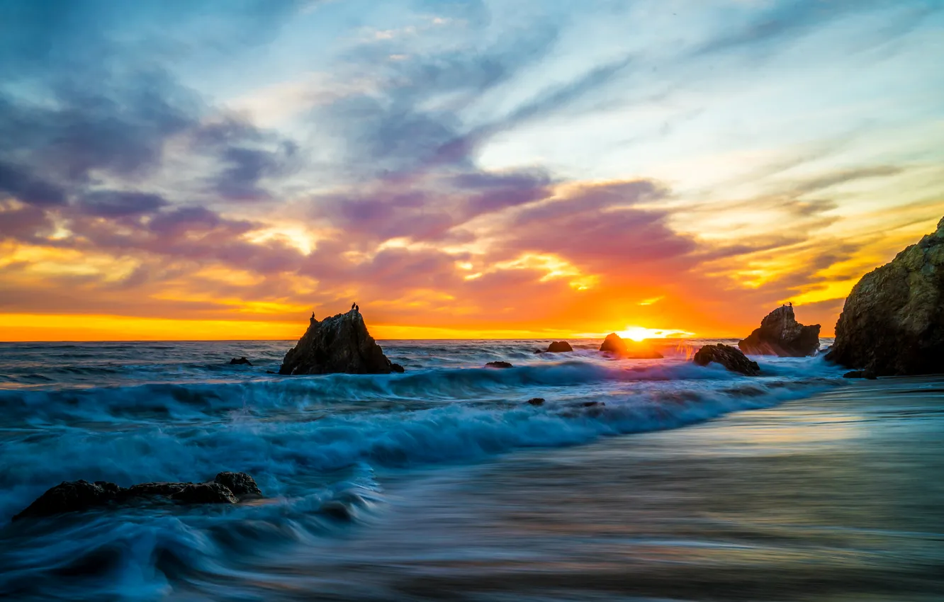 Photo wallpaper sea, wave, the sky, the sun, sunset, stones, coast, horizon