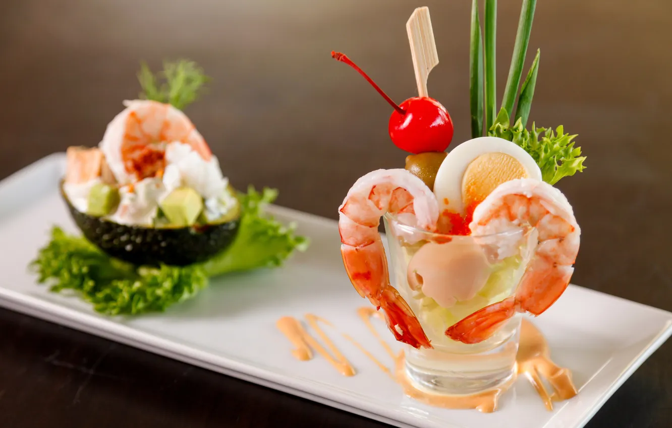 Photo wallpaper eggs, olives, shrimp, appetizer