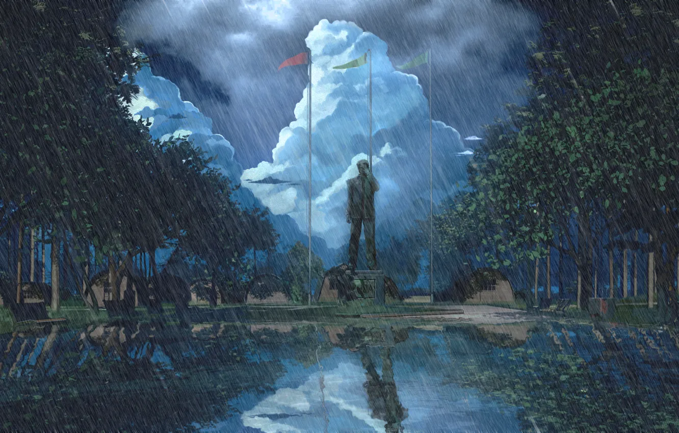 Photo wallpaper rain, monument, camp, everlasting summer, endless summer, iichan-eroge
