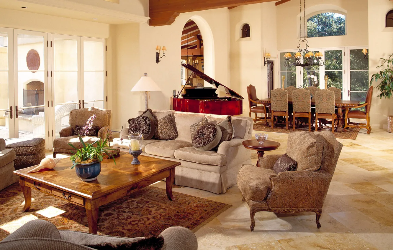 Photo wallpaper design, style, Villa, interior, piano, living room, dining room, Classic Spanish Mediterranean
