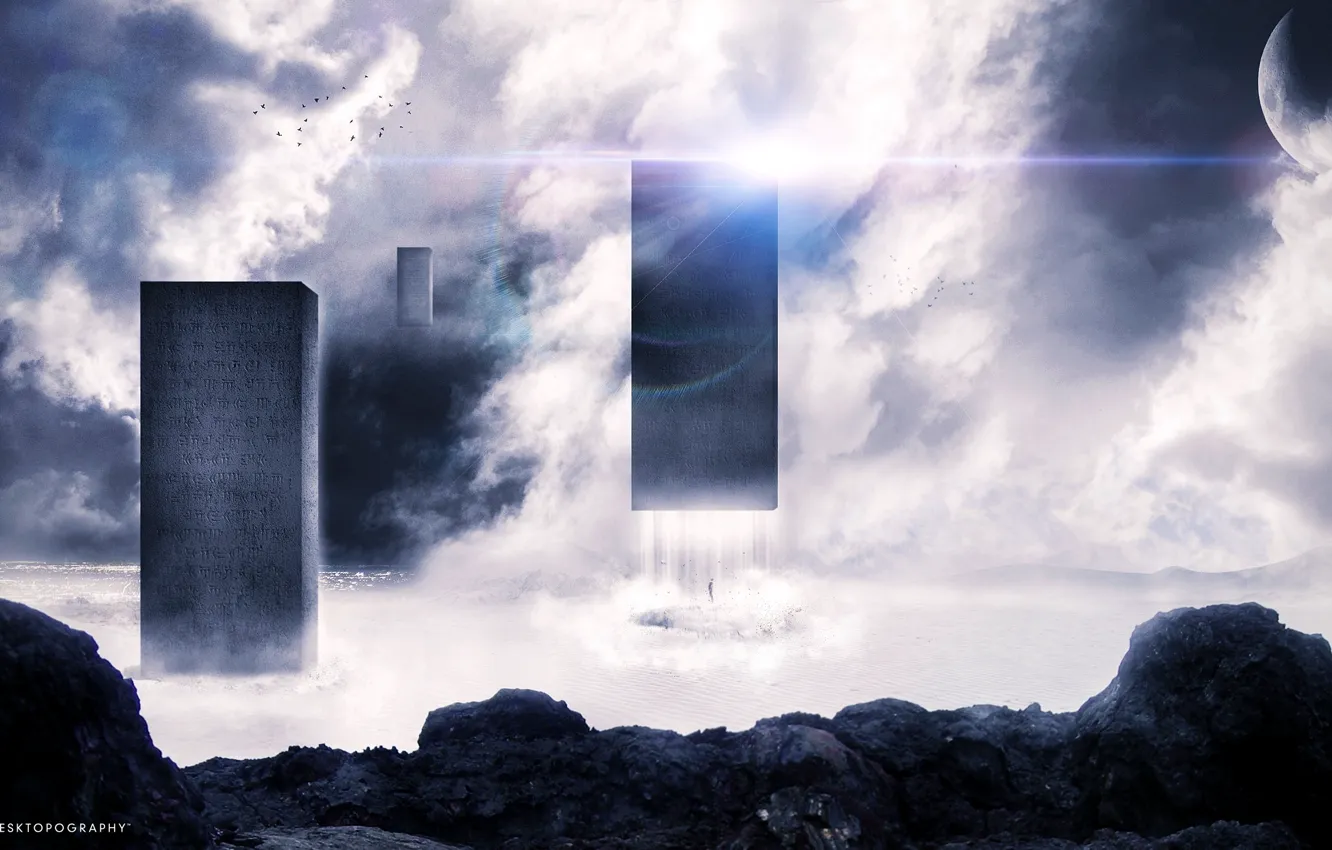 Photo wallpaper clouds, stones, figure, desktopography