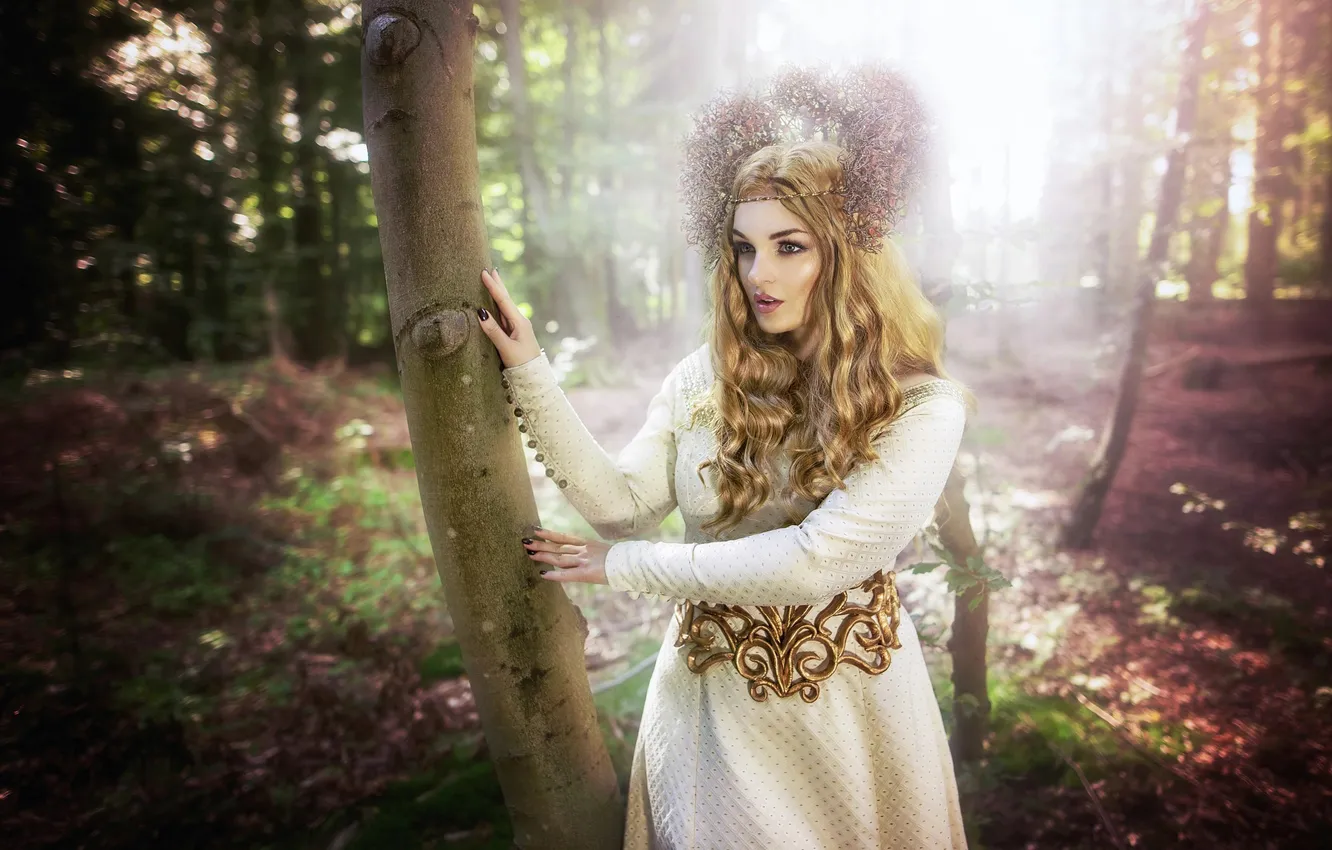 Photo wallpaper forest, summer, look, girl, light, decoration, trees, face