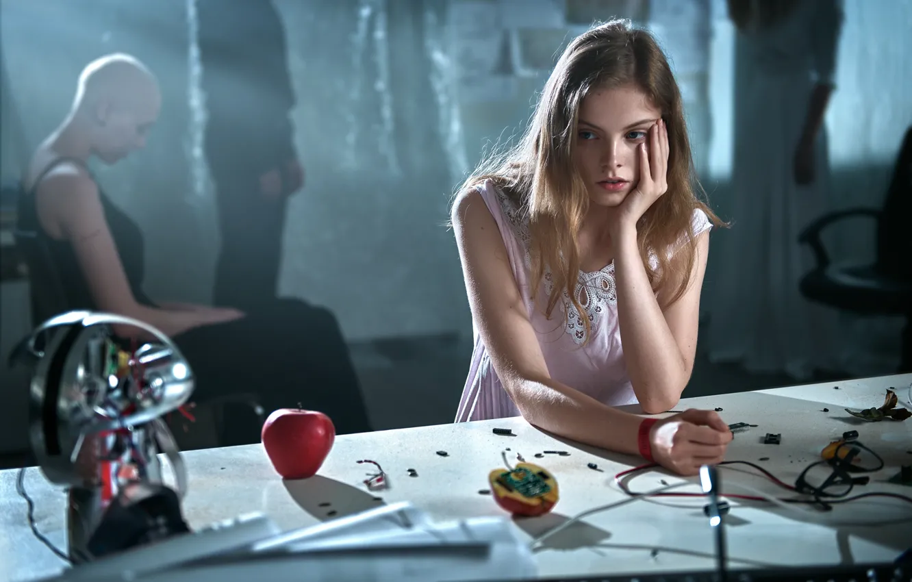 Photo wallpaper girl, table, apples
