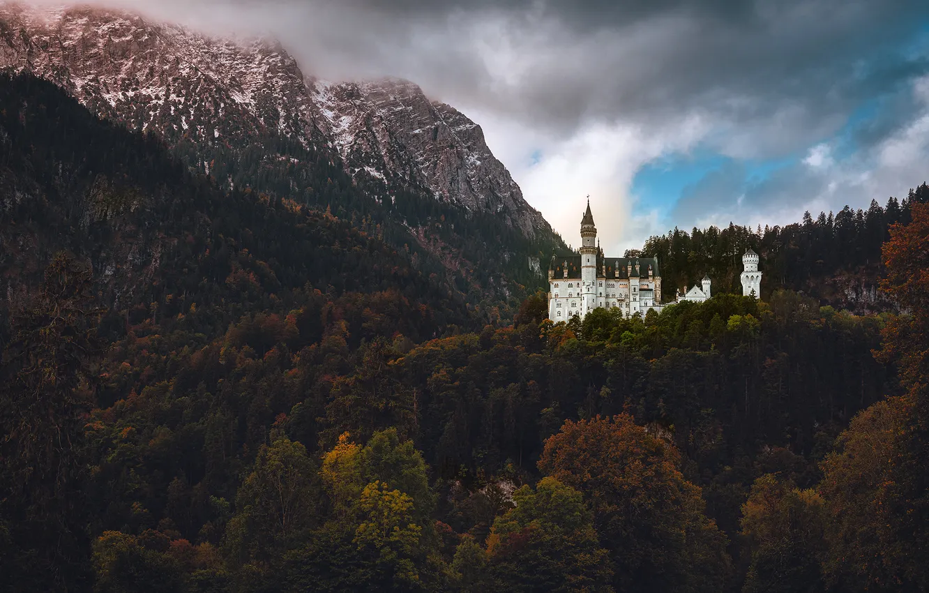 Photo wallpaper autumn, forest, mountains, castle, Germany, Neuschwanstein