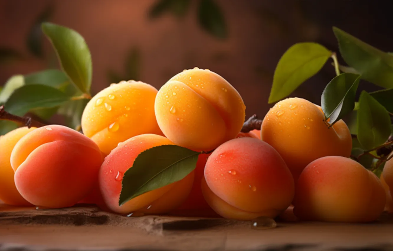 Photo wallpaper leaves, drops, fruit, peaches, apricots, AI art, neural network