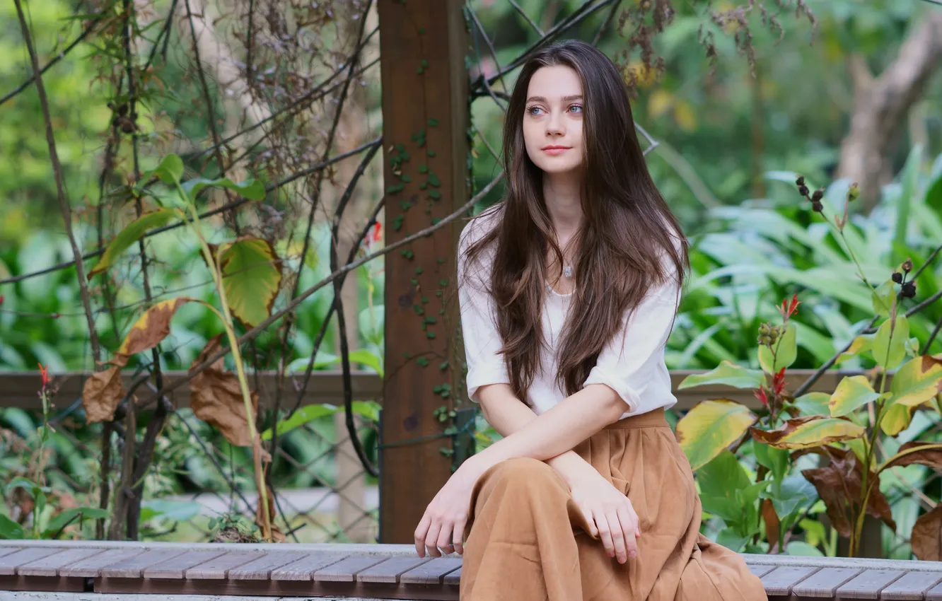 Photo wallpaper girl, bench, sweetheart, sitting, Julia