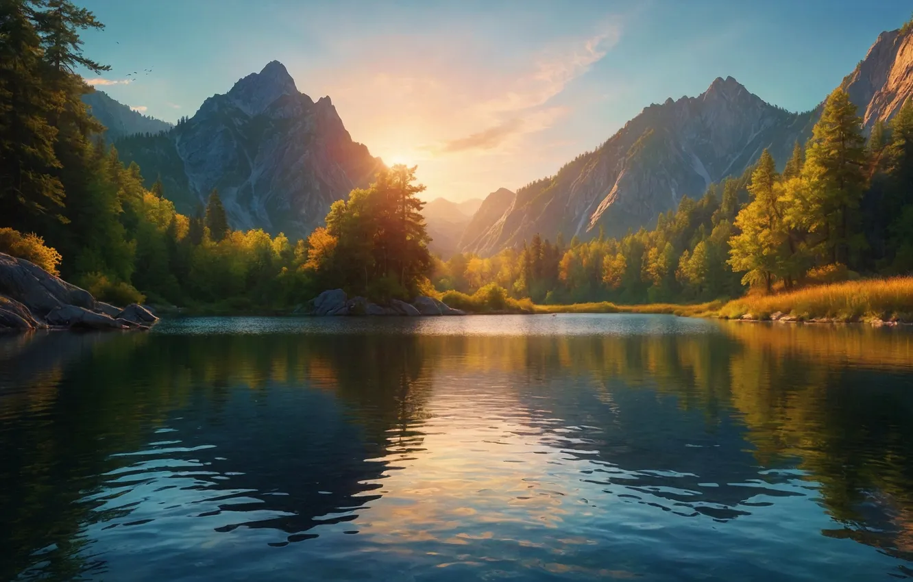 Photo wallpaper forest, landscape, mountains, lake