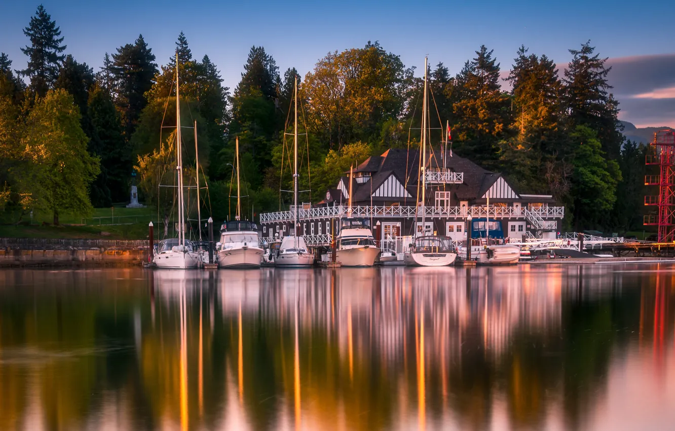 Photo wallpaper forest, house, reflection, shore, boats, pier, pond