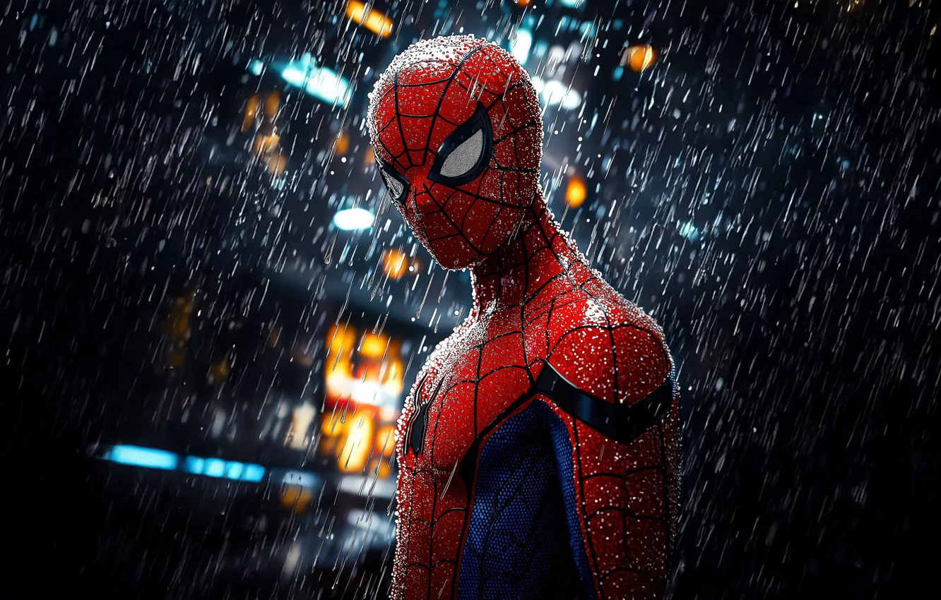Photo wallpaper night, the city, rain, Marvel, spider-man, Marvel Comics, Comics, super hero