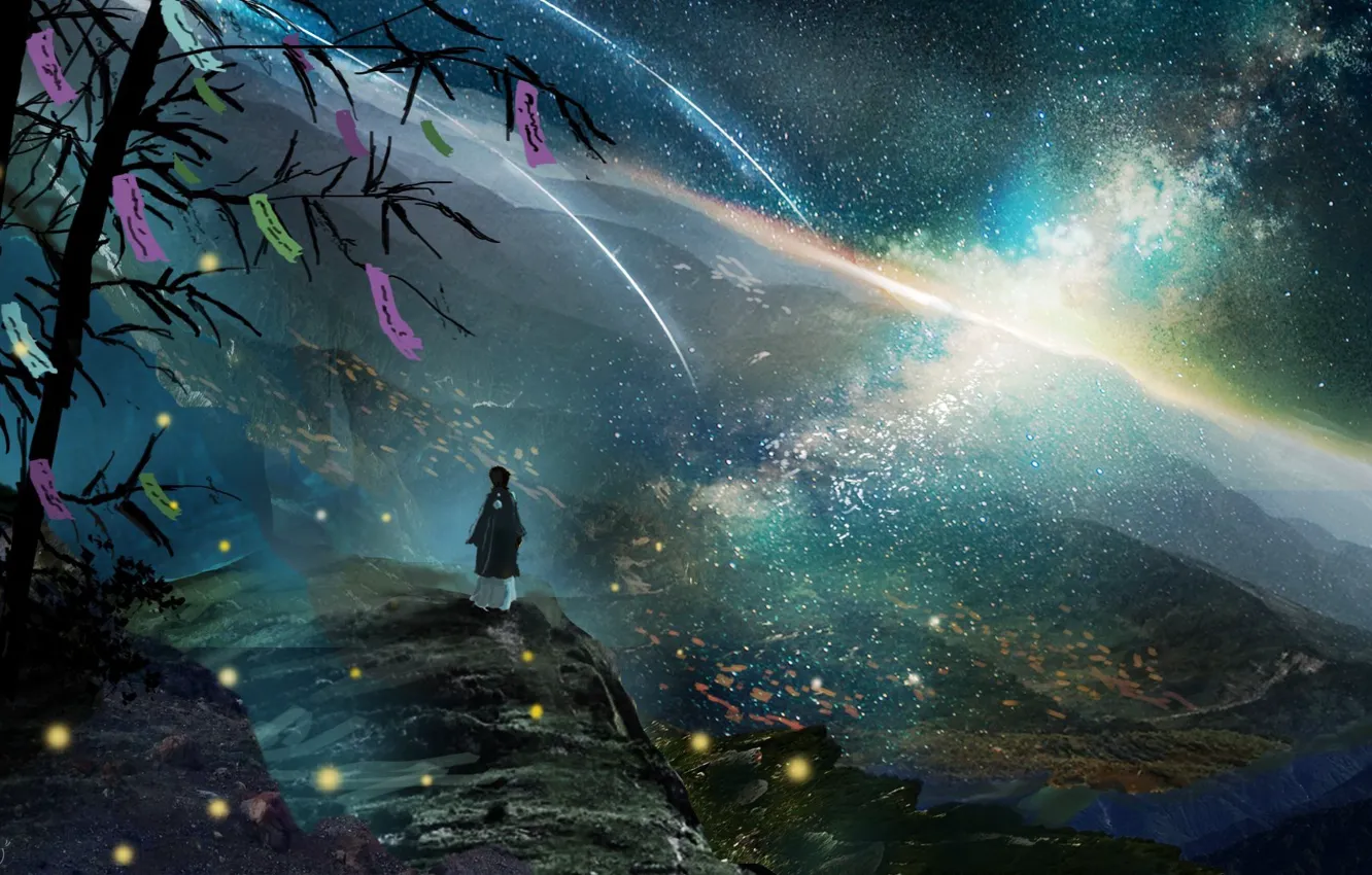 Photo wallpaper the sky, trees, mountains, night, nature, fantasy, male, the milky way