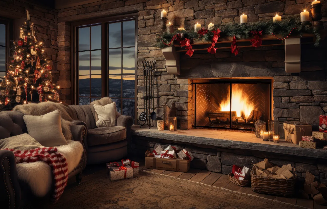 Photo wallpaper lights, comfort, heat, room, flame, furniture, new year, home