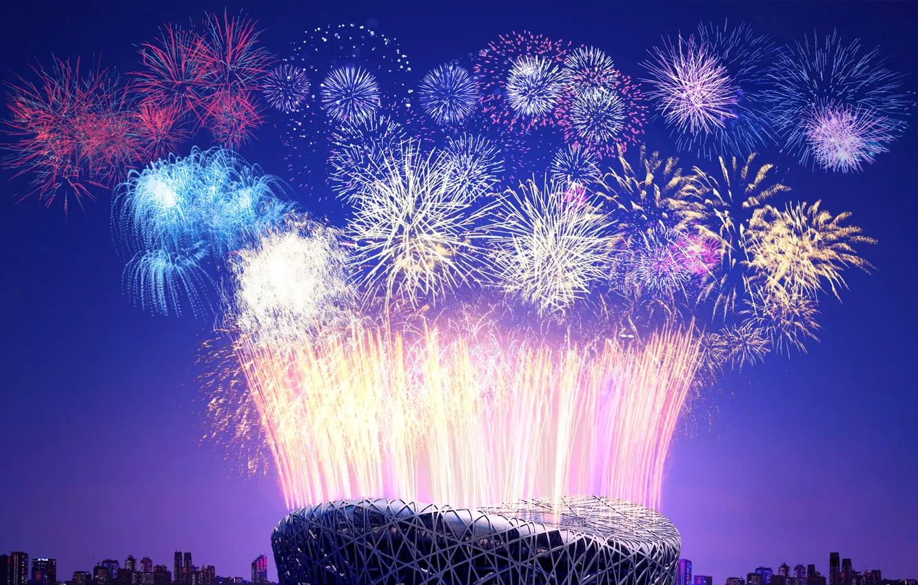Photo wallpaper salute, China, New year, fireworks, stadium, Beijing