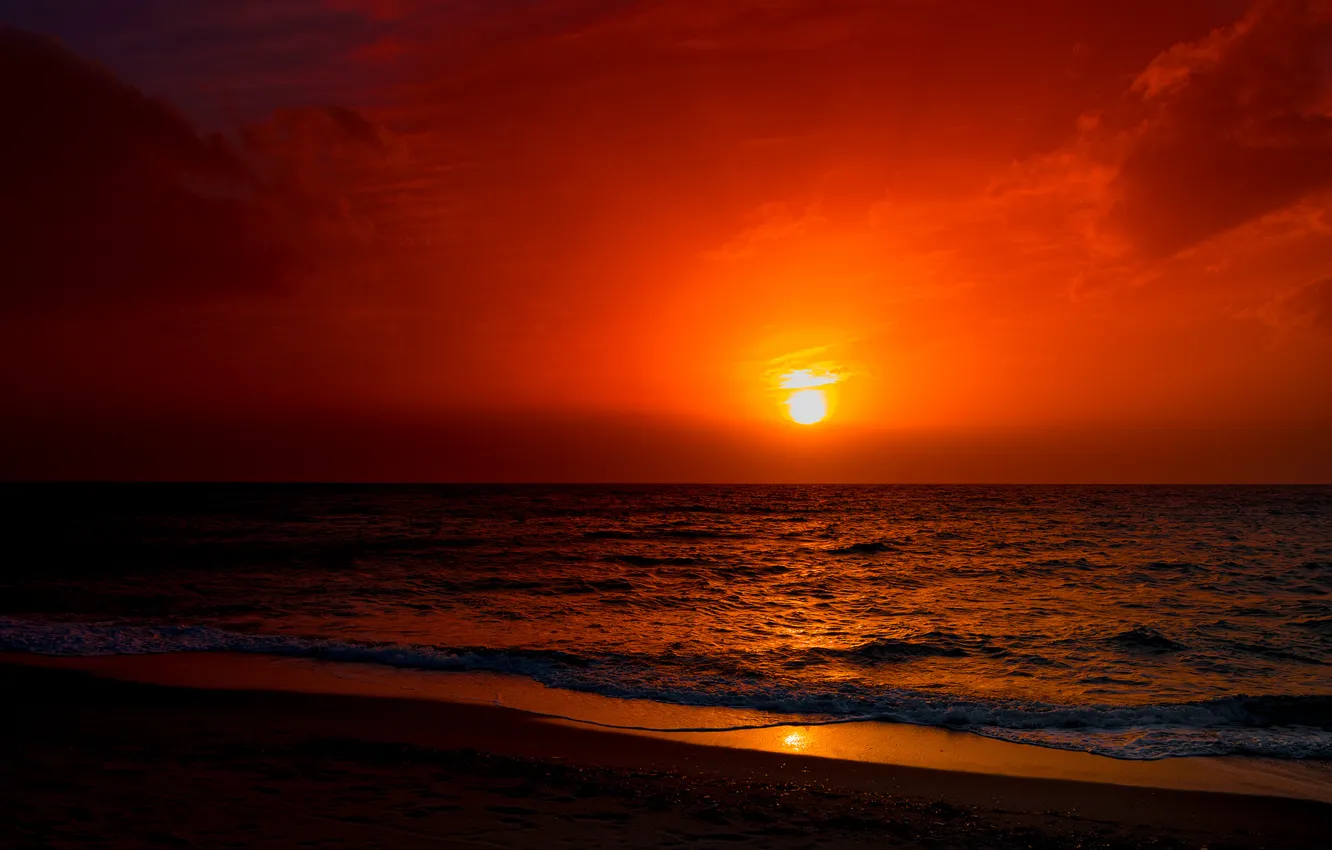 Photo wallpaper Sunset, The sun, The sky, Water, Sand, Clouds, The ocean, Beach