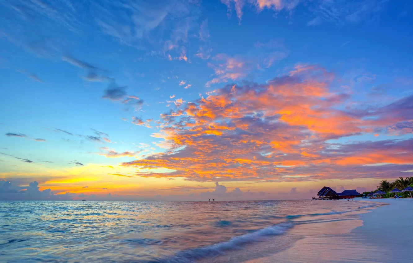 Photo wallpaper sand, wave, beach, the sky, clouds, landscape, sunset, nature