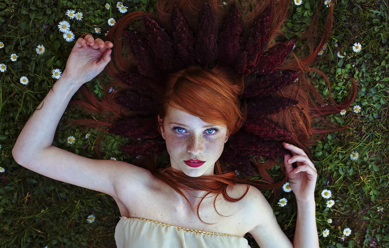 Photo wallpaper chamomile, freckles, redhead, blue-eyed