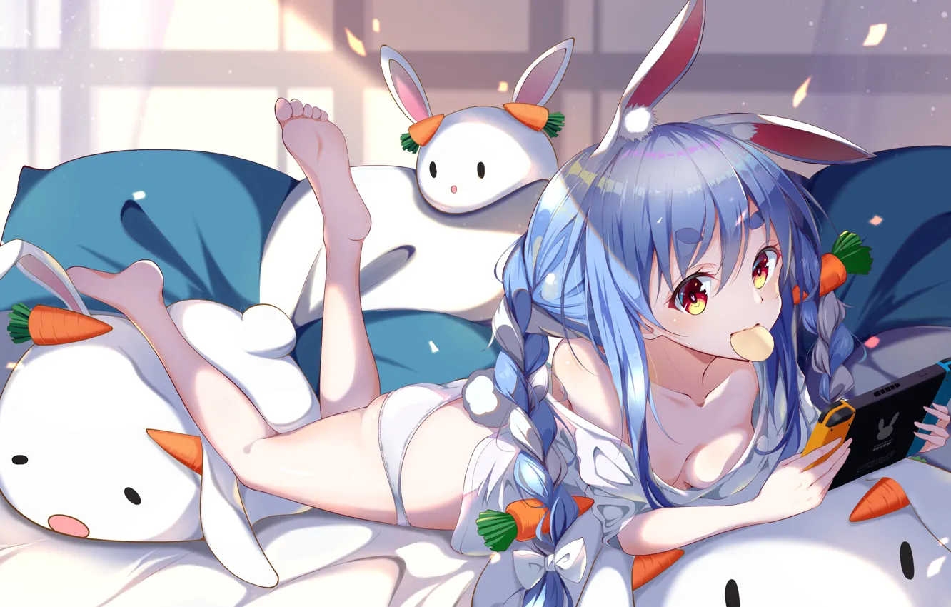 Photo wallpaper girl, bed, rabbit, ears, console, chips, Virtual youtuber, Usada Pekora