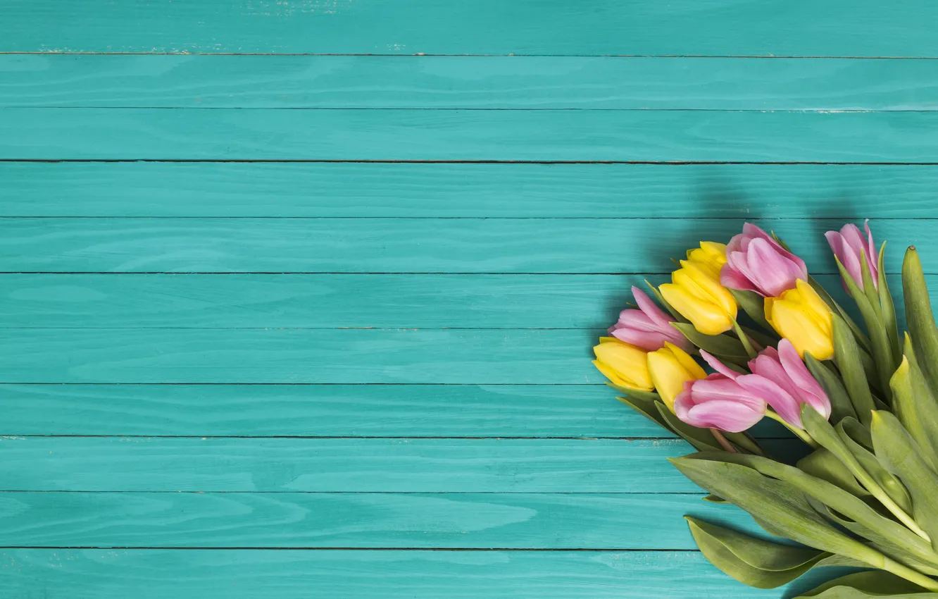 Photo wallpaper yellow, green, background, pink, bouquet, tulips, wood, Ana Lukenda
