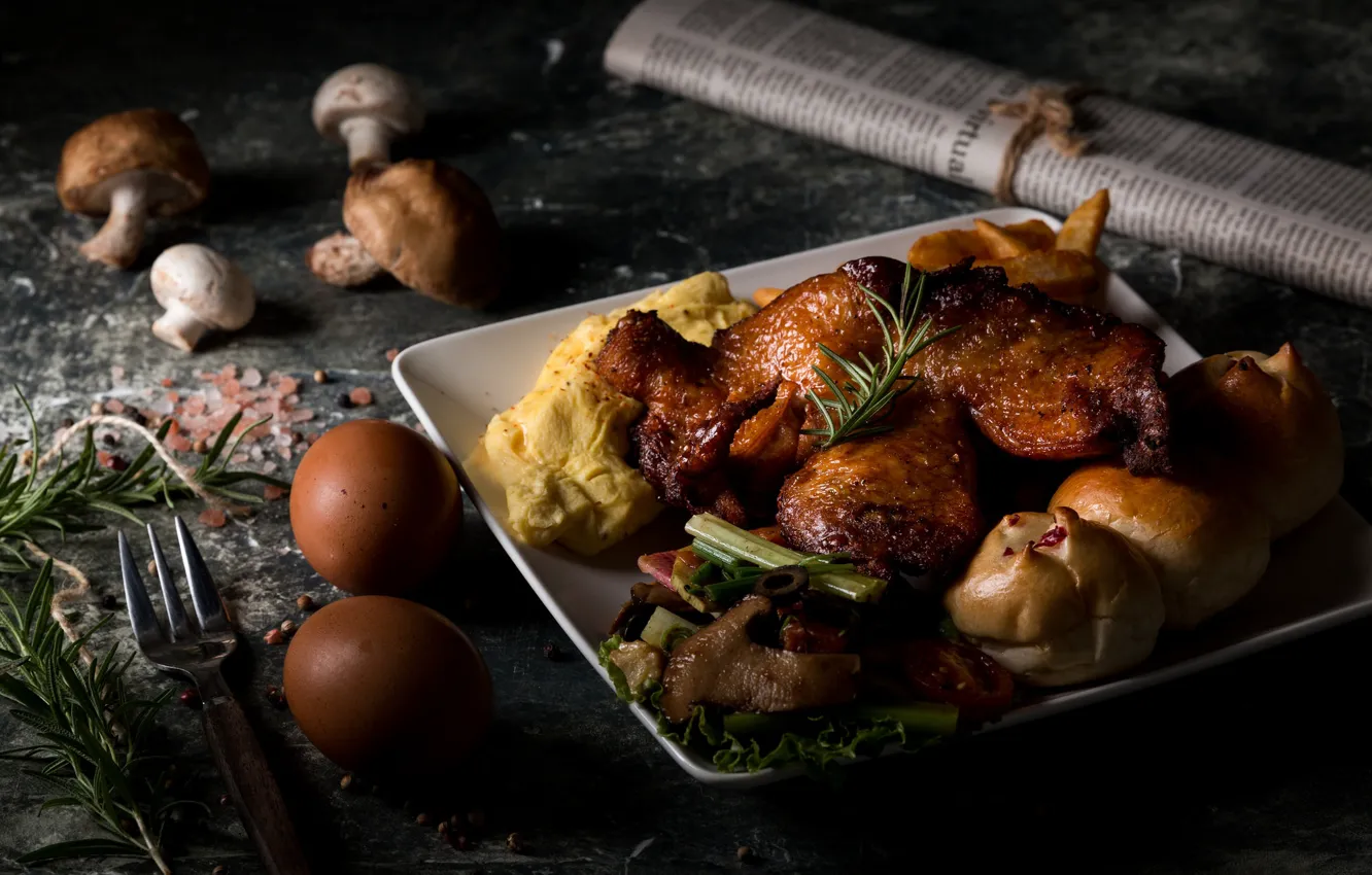 Photo wallpaper eggs, baked meat, puree