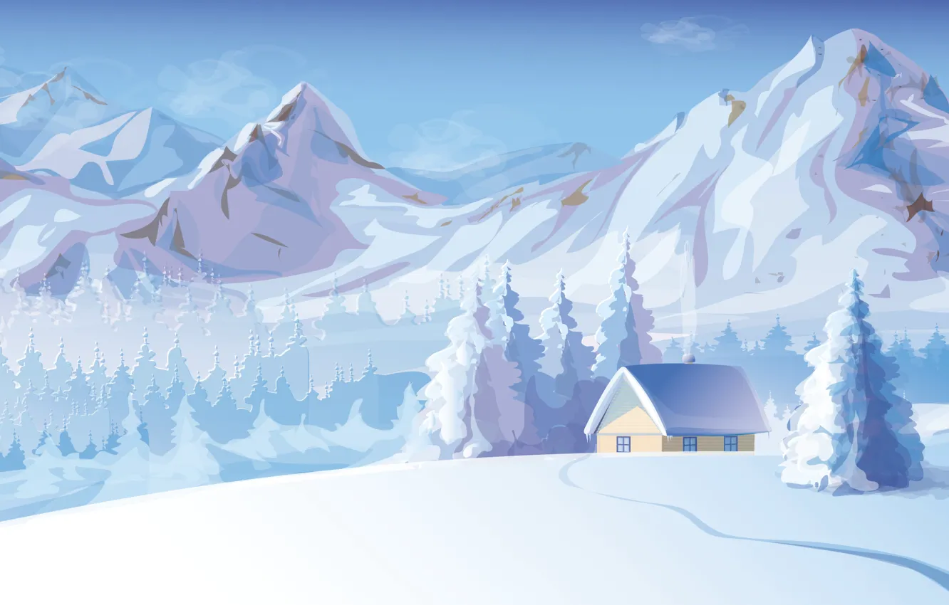 Photo wallpaper snow, trees, mountains, smoke, Winter, house
