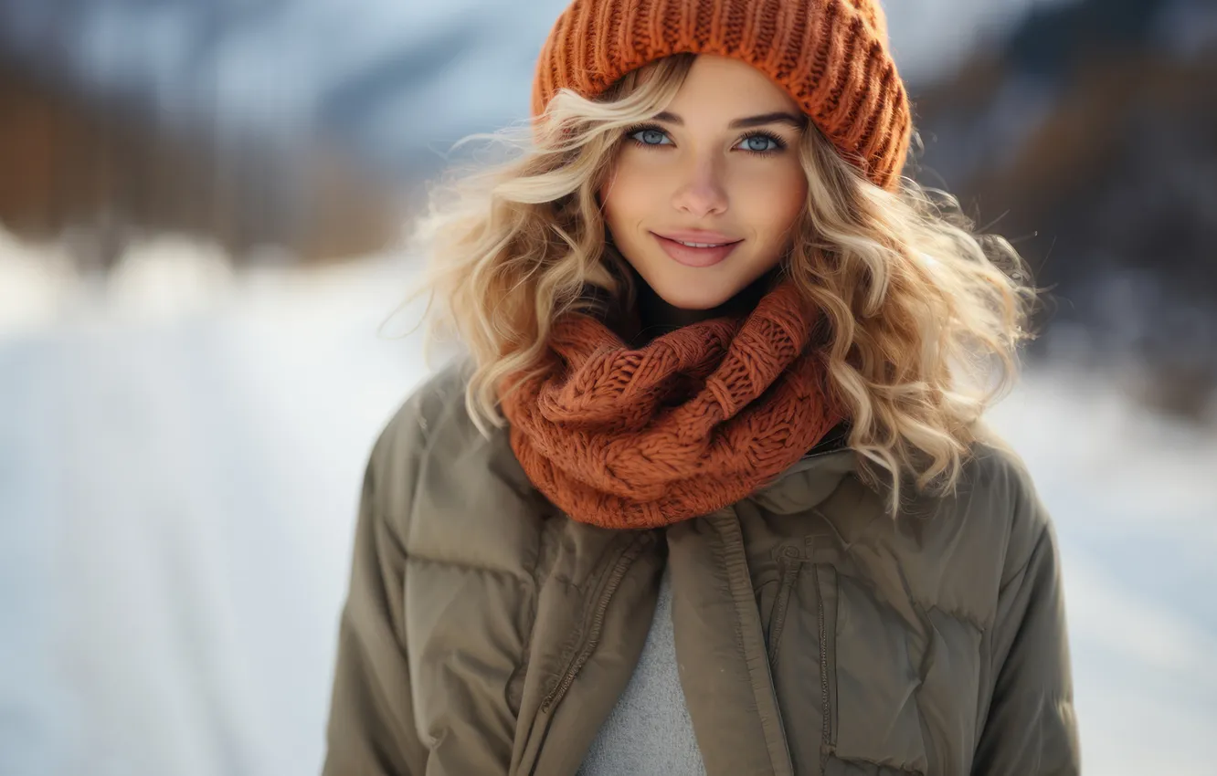 Photo wallpaper winter, road, girl, snow, smile, hat, scarf, jacket