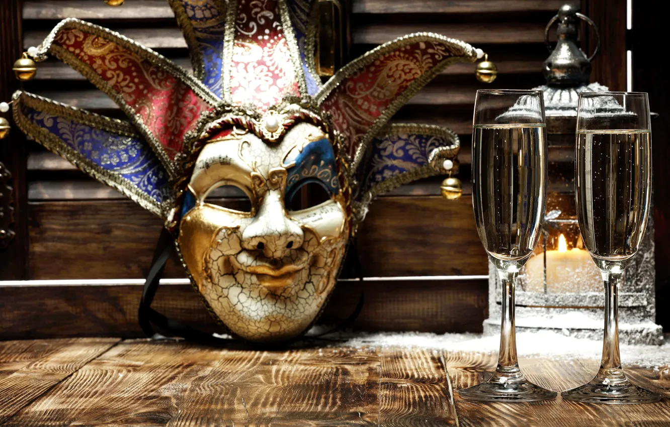 Photo wallpaper New Year, mask, glasses, golden, champagne, New Year, Happy, champagne