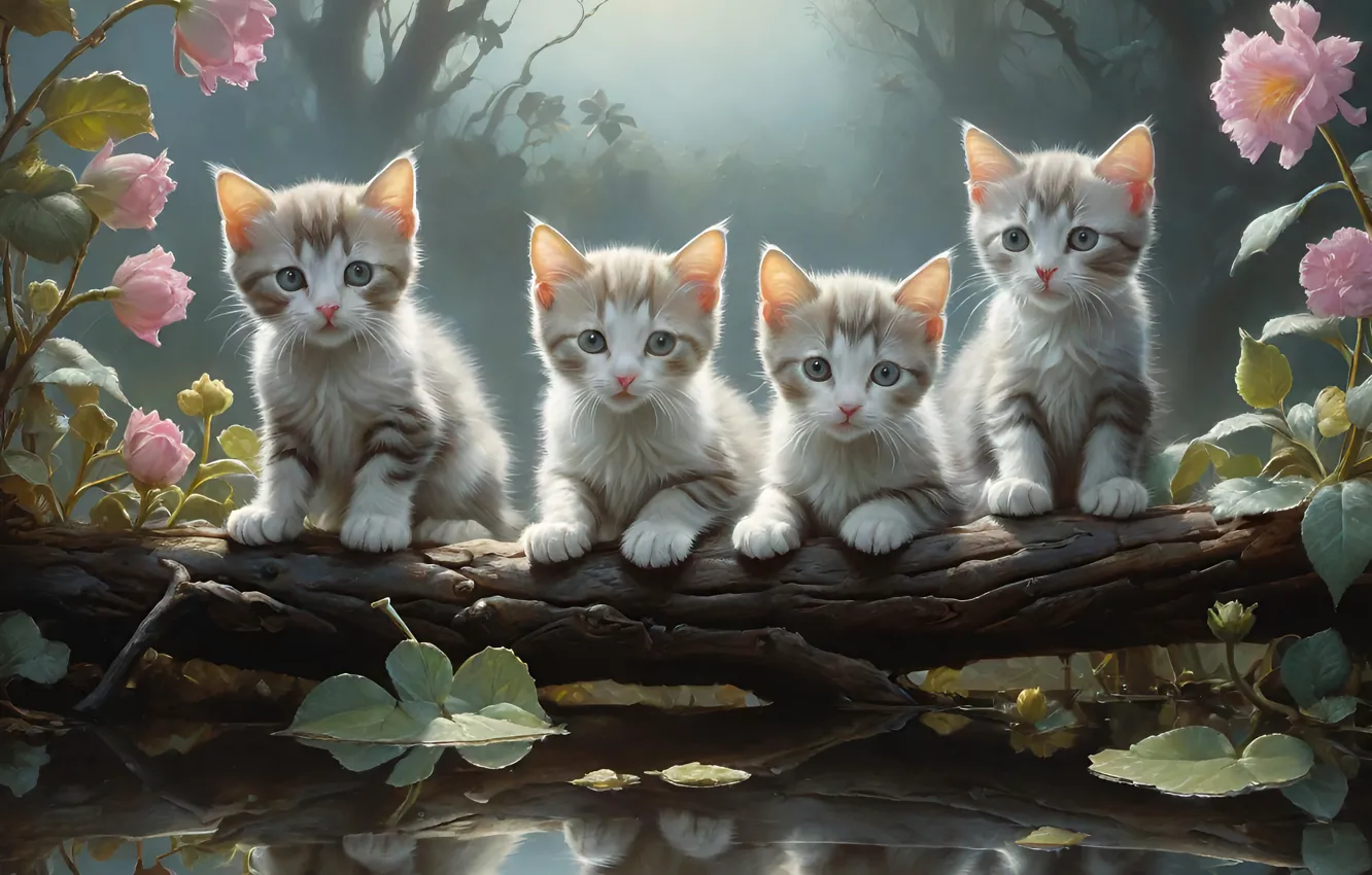Photo wallpaper water, trees, animal, art, kitty