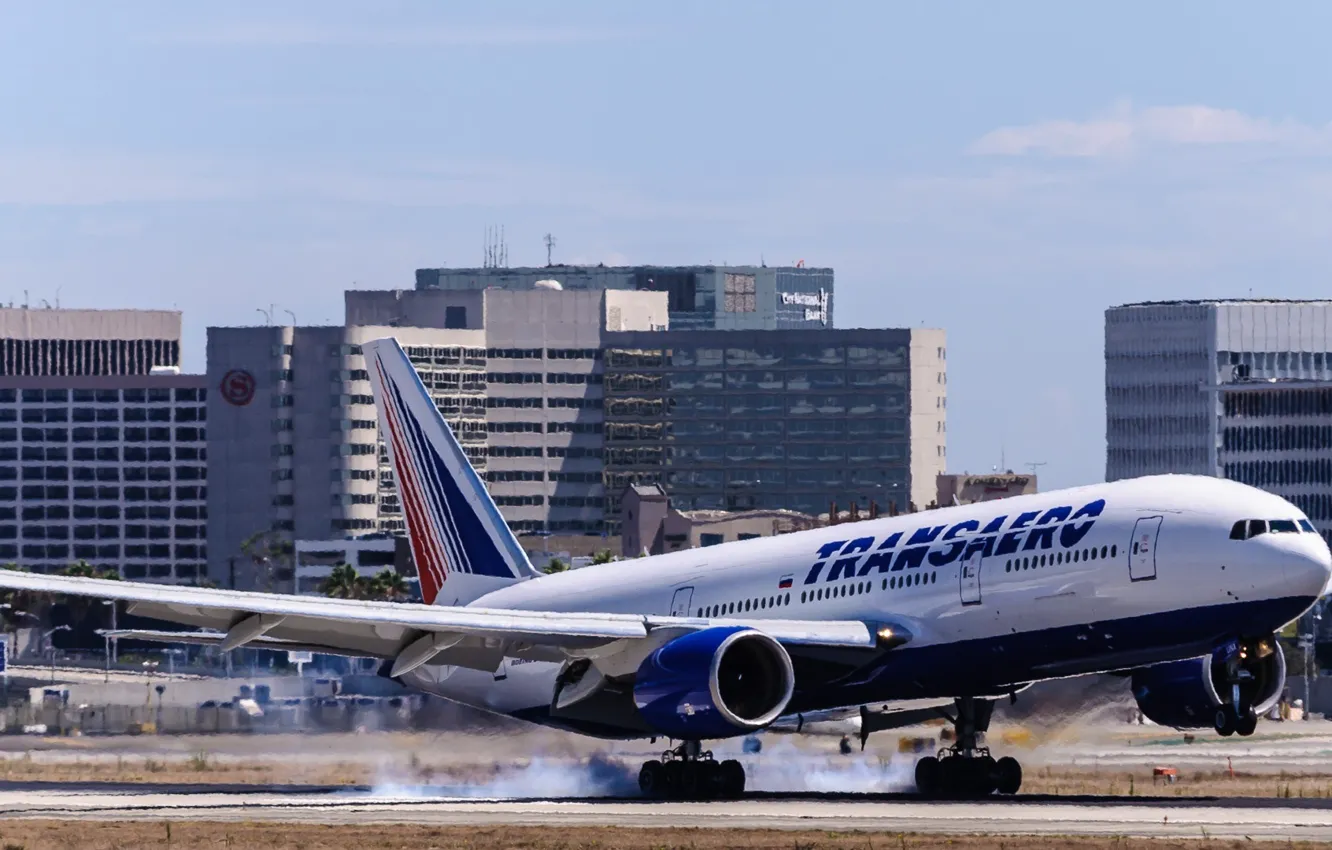 Photo wallpaper airport, Boeing, the plane, landing, Boeing, 777, passenger, Transaero