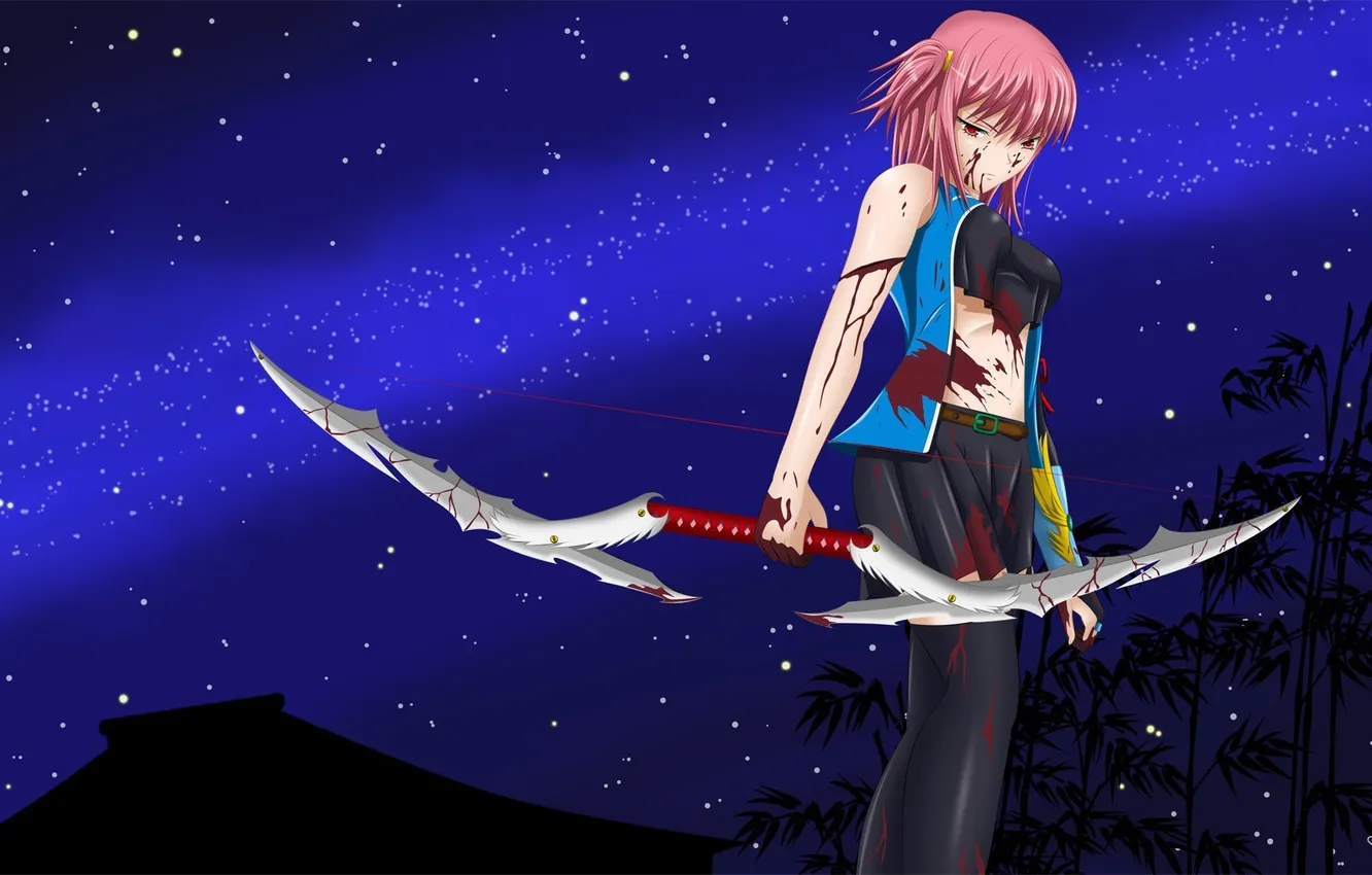 Photo wallpaper girl, stars, mountains, night, blood, bow