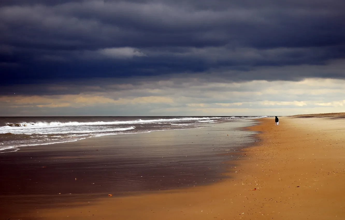 Photo wallpaper sand, sea, wave, the sky, landscape, clouds, shore, people