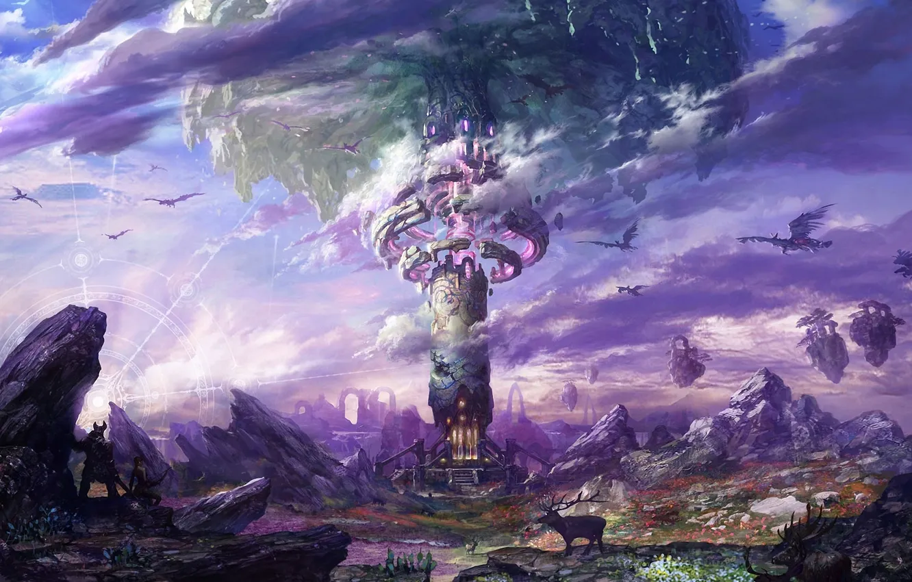 Photo wallpaper clouds, rays, landscape, the city, stones, rocks, magic, dragon