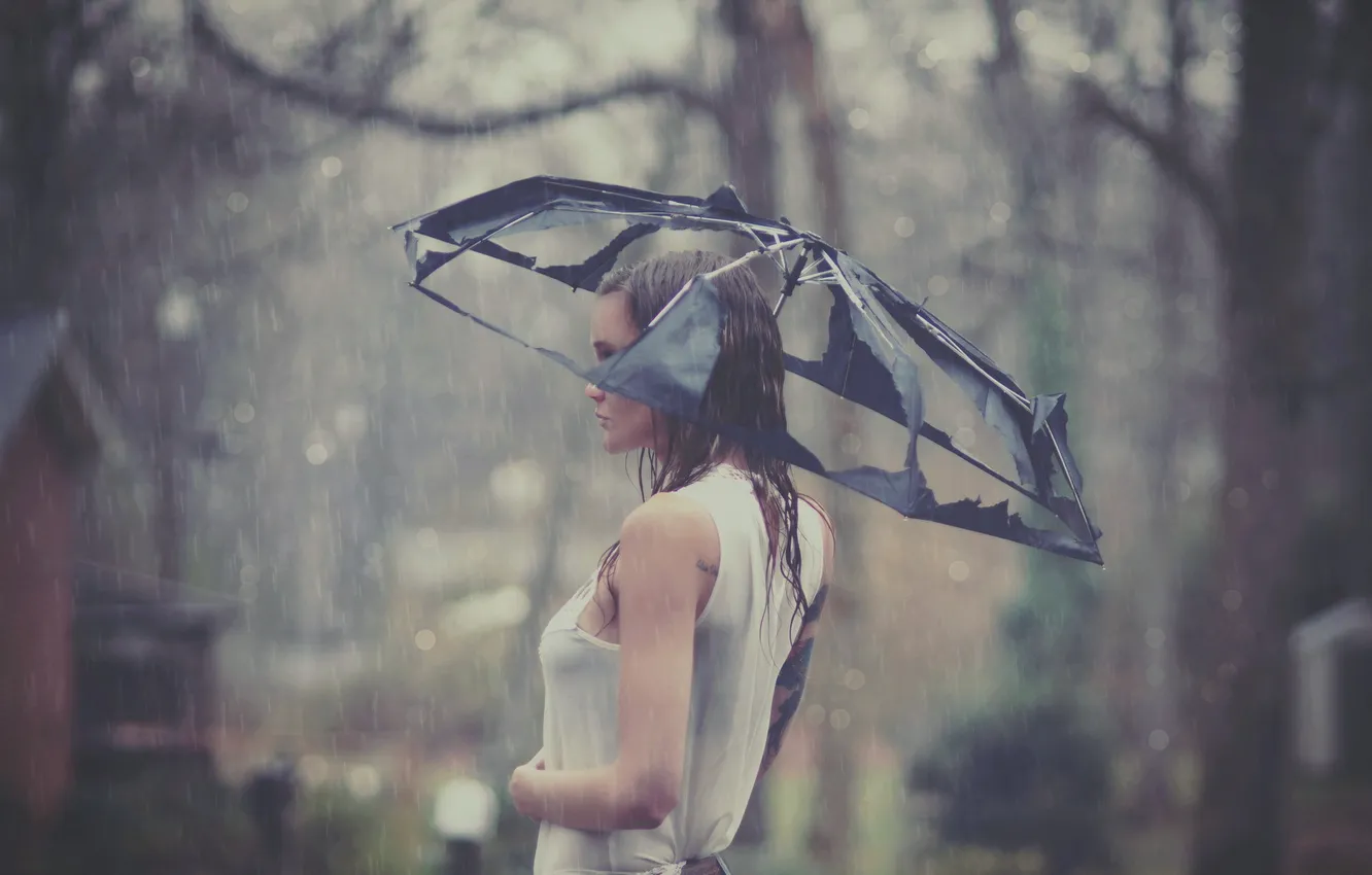 Photo wallpaper girl, rain, umbrella