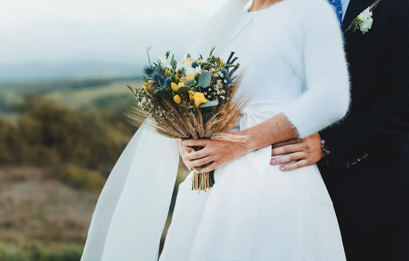 Photo wallpaper bouquet, hands, dress, the bride, the groom, wedding