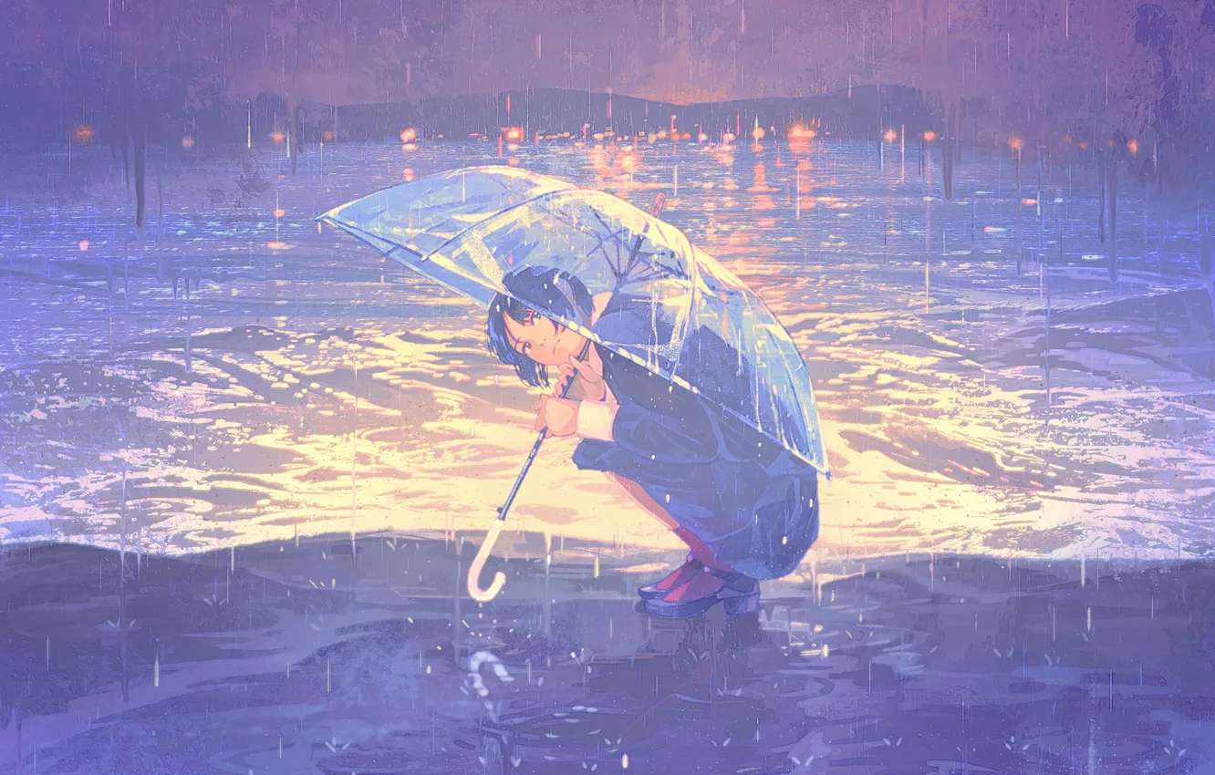 Photo wallpaper sea, girl, rain, umbrella