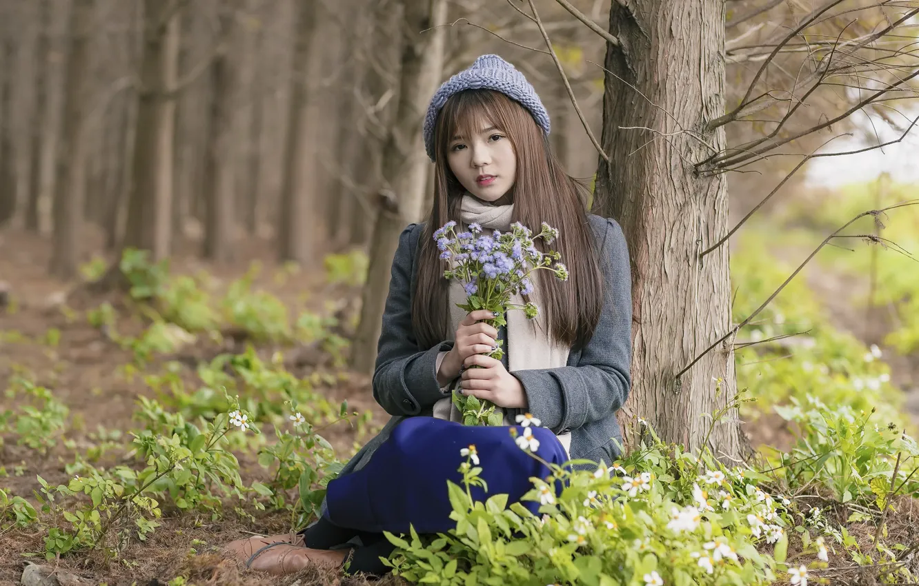 Photo wallpaper forest, look, girl, flowers, mood